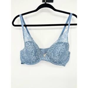 Victoria's Secret Blue Floral Lace Plunge Bra Size 36D Underwire Lightly Padded
